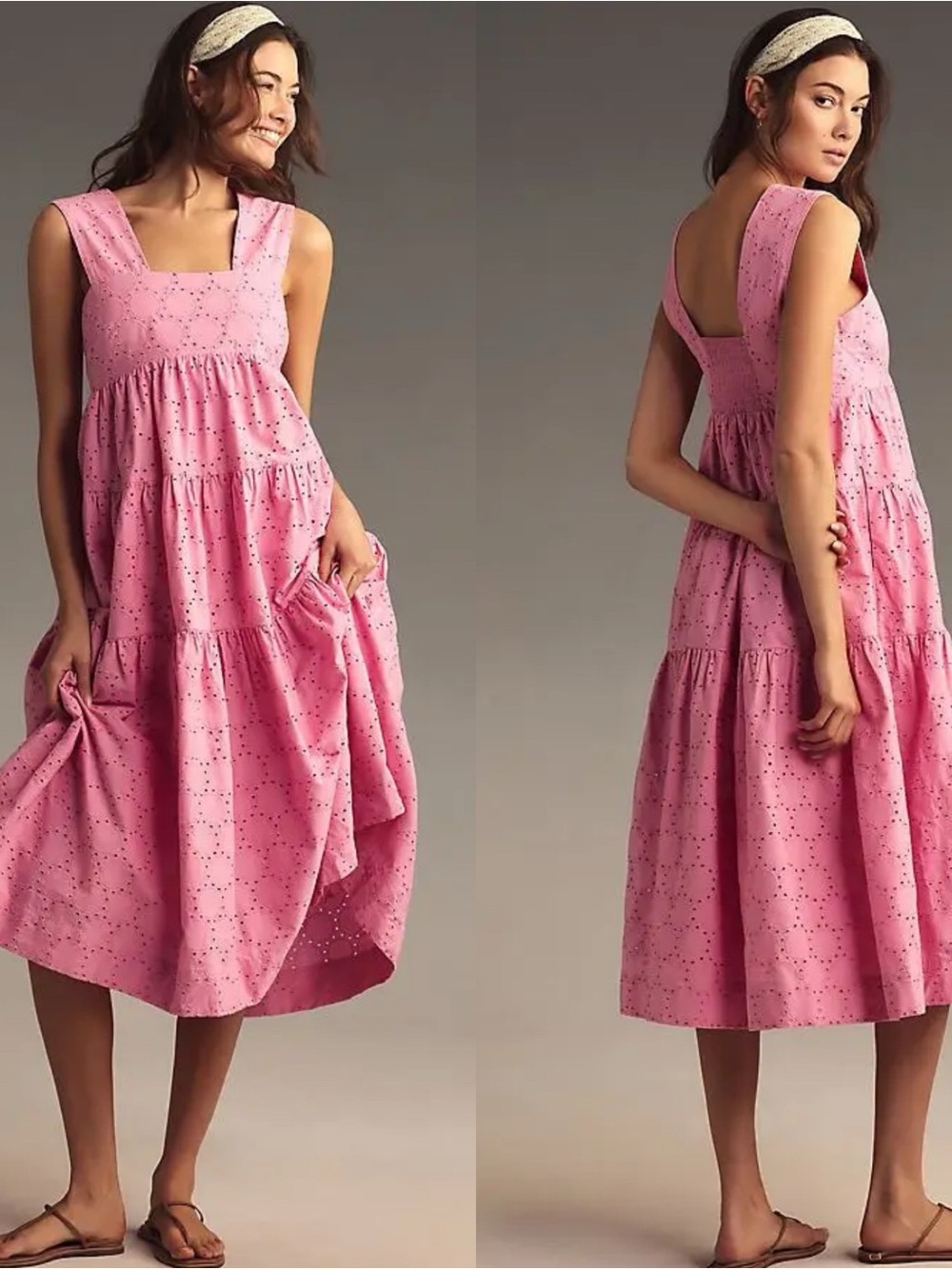 Anthropologie Helena Square-Neck Eyelet Tiered Midi Dress Pink S